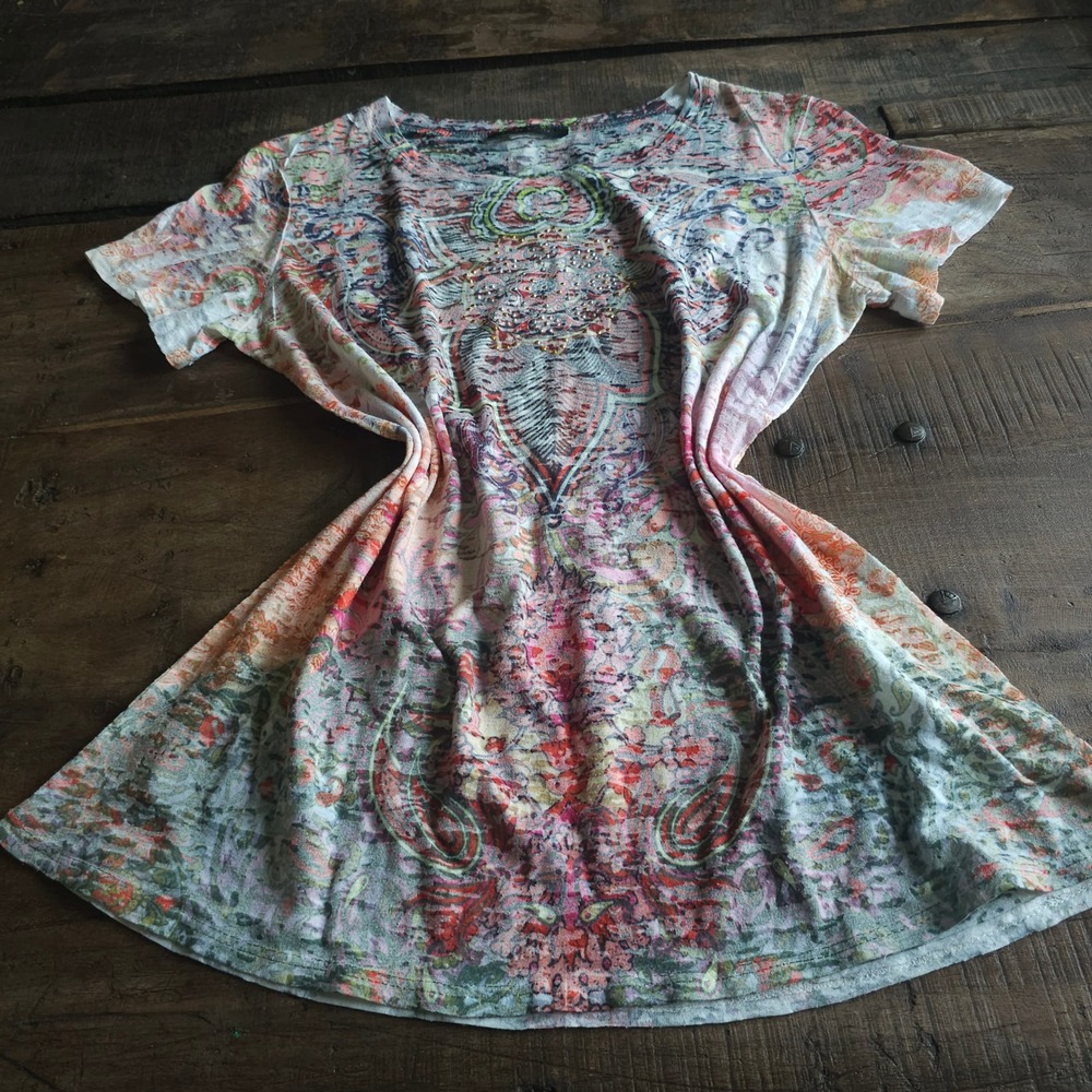 Early 2000s Scene Y2K Paisley Mandala Print Rhinestone T-Shirt Top Multi Color